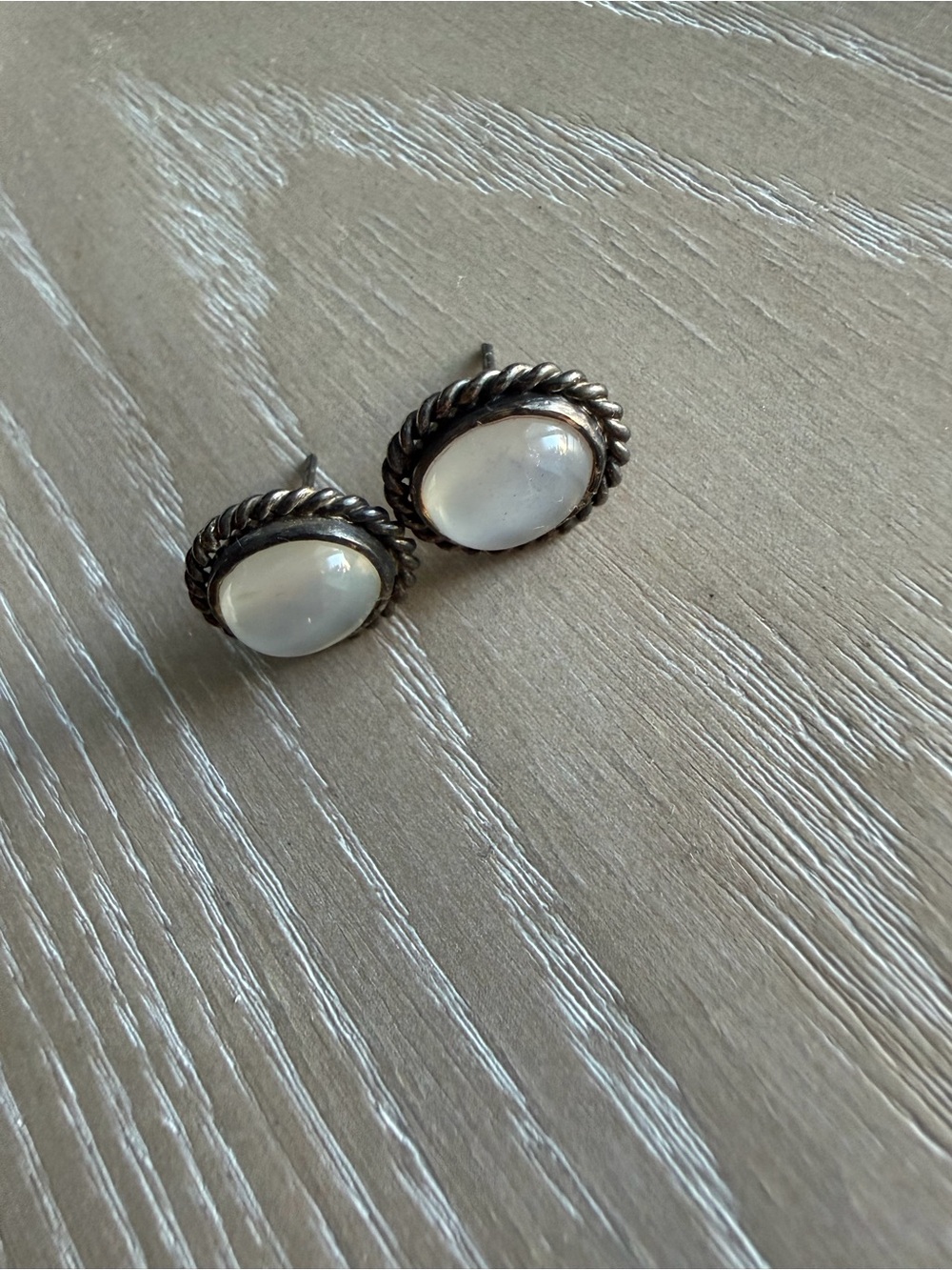 Sterling Silver White Moonstone Rope-Edge Stud Earrings